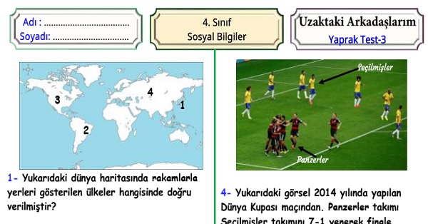 4. Sınıf Sosyal Bilgiler Uzaktaki Arkadaşlarım Yaprak Test 3