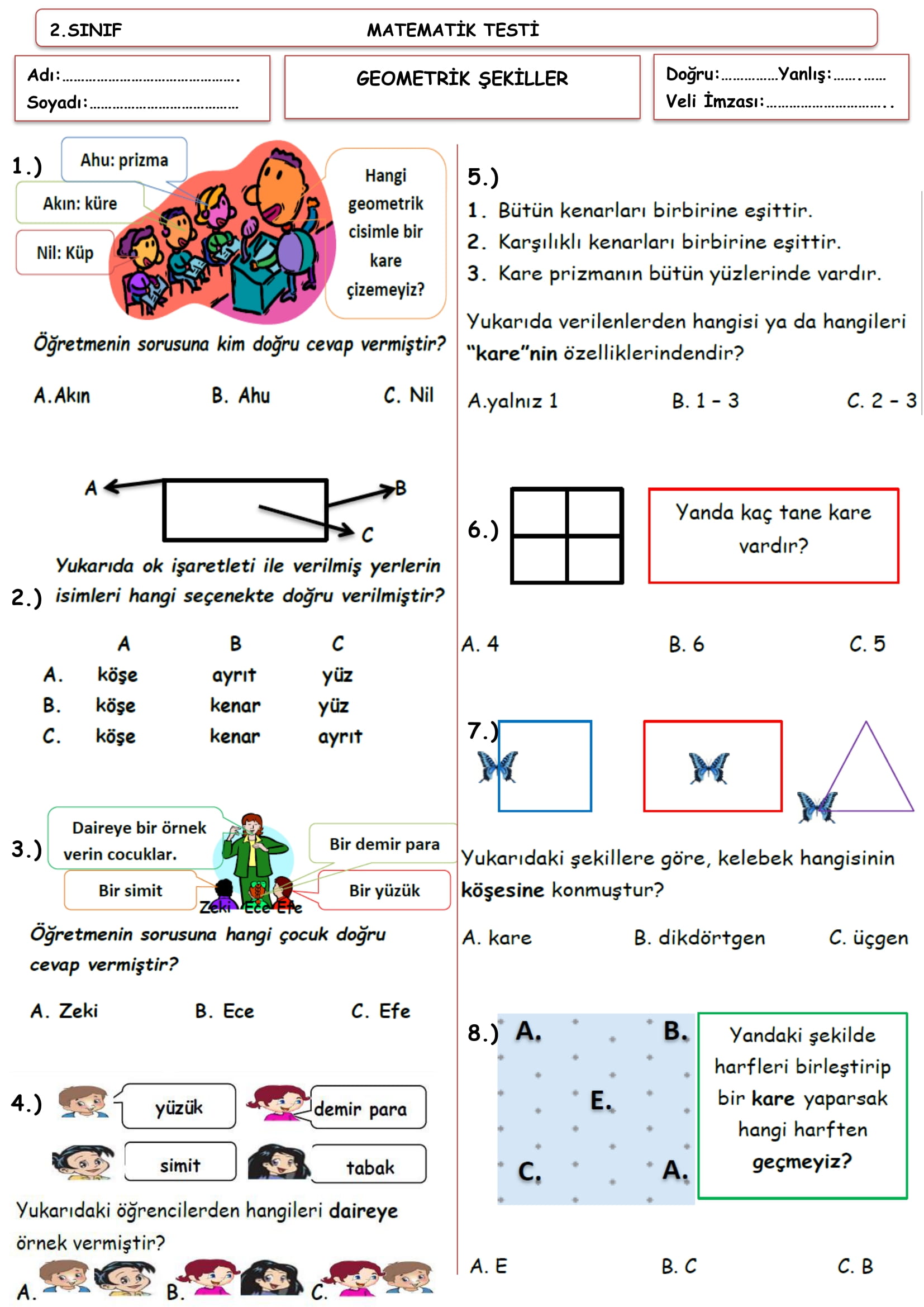2. Sınıf Matematik Geometrik Şekiller Testi