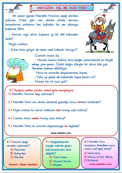 1. Sınıf Türkçe Hırsızın Hiç Mi Suçu Yok Okuma Anlama Metin Çalışması 34