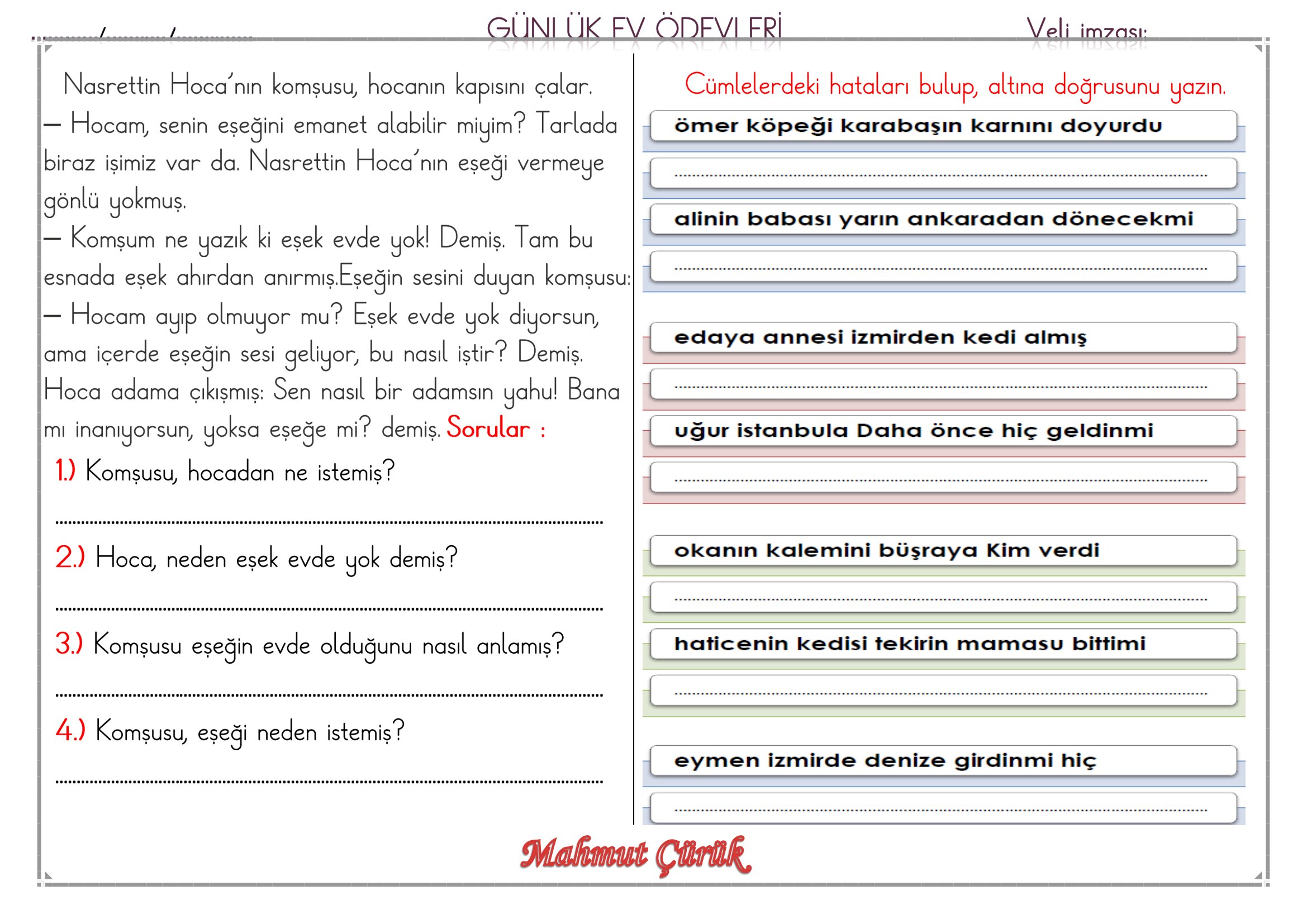 1. Sınıf - 21 Mayıs 2026 Günlük Ev Ödevleri