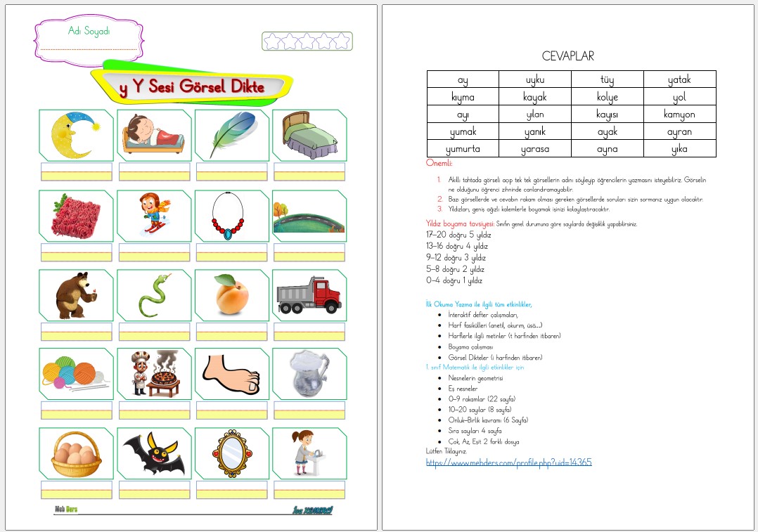 1. Sınıf İlk Okuma Yazma Y Sesi GÖRSEL DİKTE