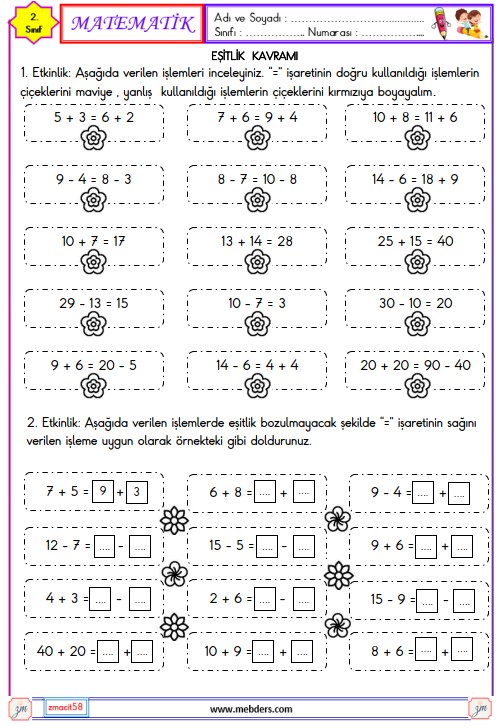 2. Sınıf Matematik Eşitlik Kavramı Etkinliği 1