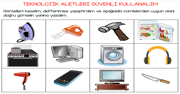 1. Sınıf Hayat Bilgisi Teknolojik Araçları Güvenli Kullanırım Kes-Yapıştır Etkinliği