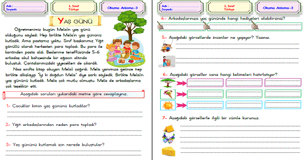 1. Sınıf Türkçe Okuma Anlama (Yaş Günü) Metni