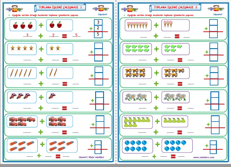 1. Sınıf Matematik Toplama İşlemi Çalışması 1-2 (2 Sayfa)
