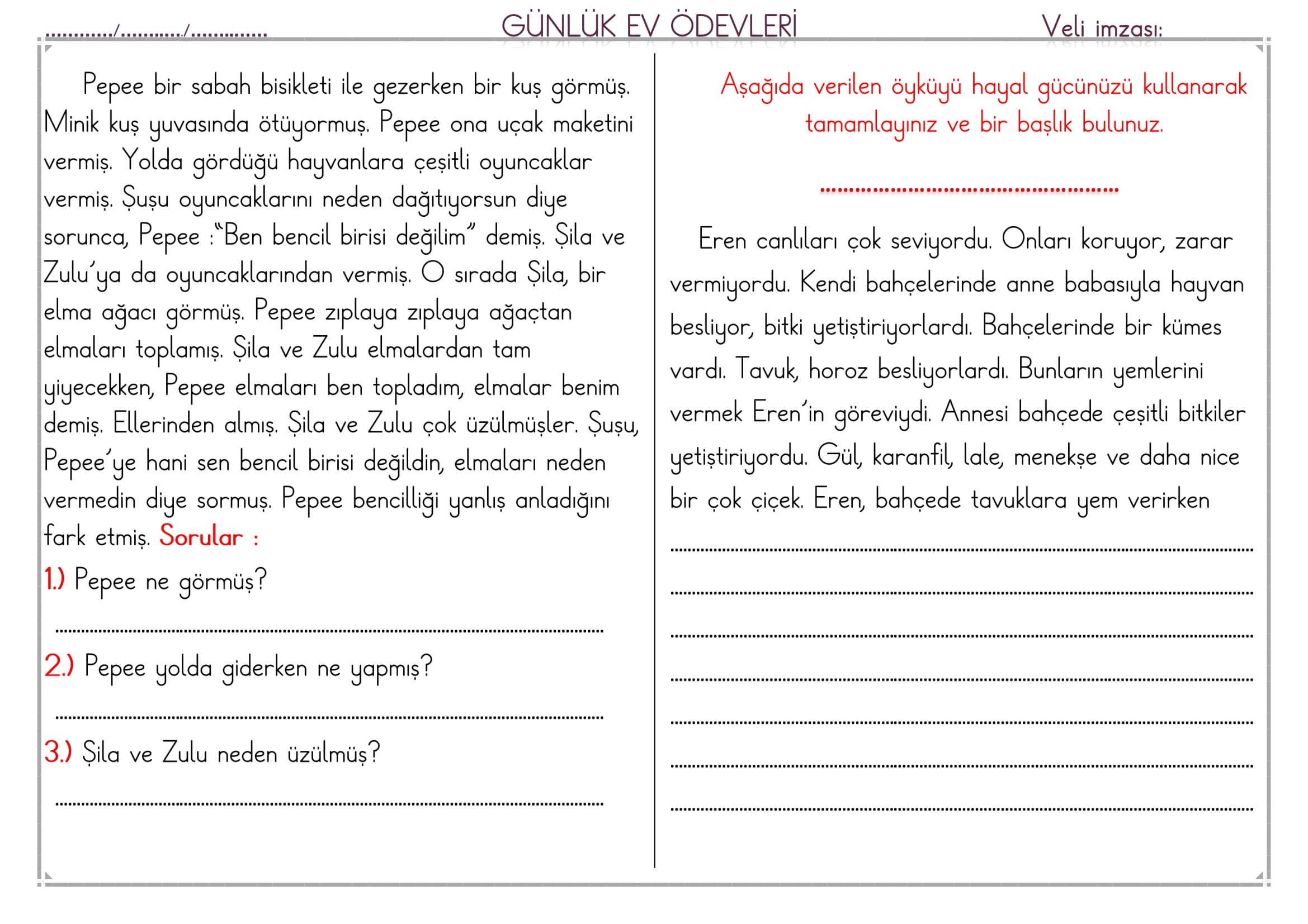 1. Sınıf 16 Nisan 2025 Günlük Ev Ödevi