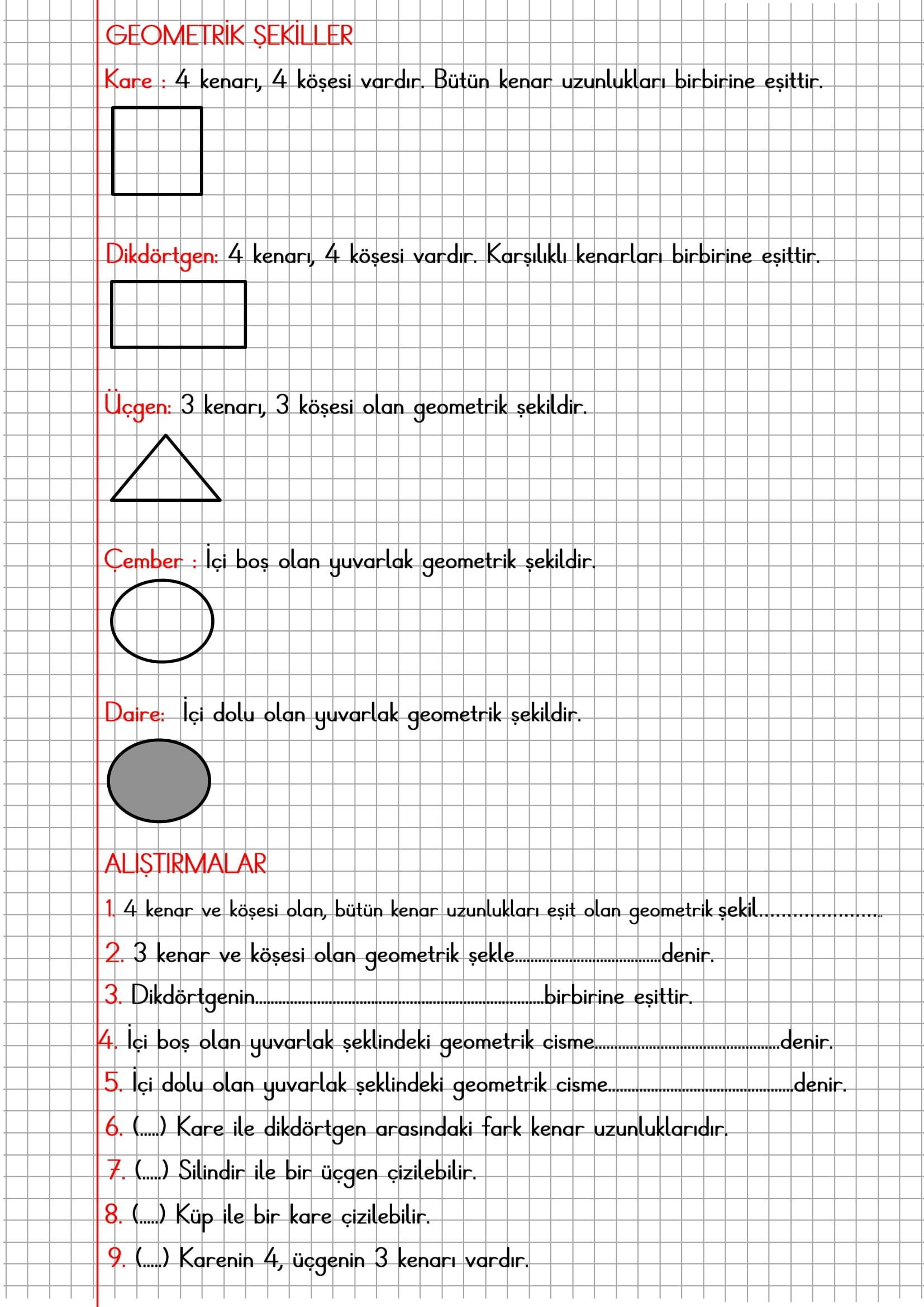 1. Sınıf Matematik Kareli Defterde Geometrik Şekiller Konu Özeti
