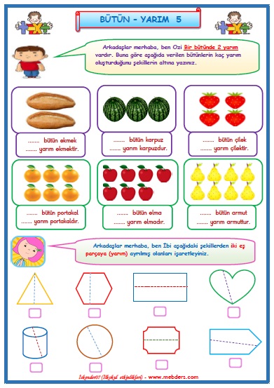 1. Sınıf Matematik Kesirler Bütün Yarım Çalışması 5