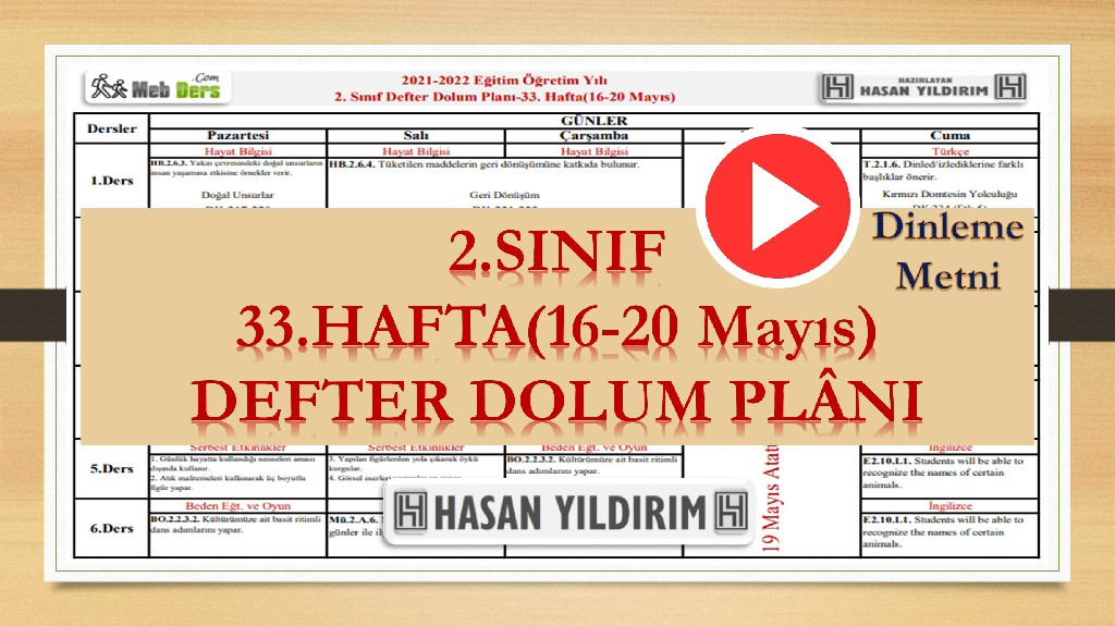 2. Sınıf 33.Hafta(16-20 Mayıs) Defter Dolum Planı