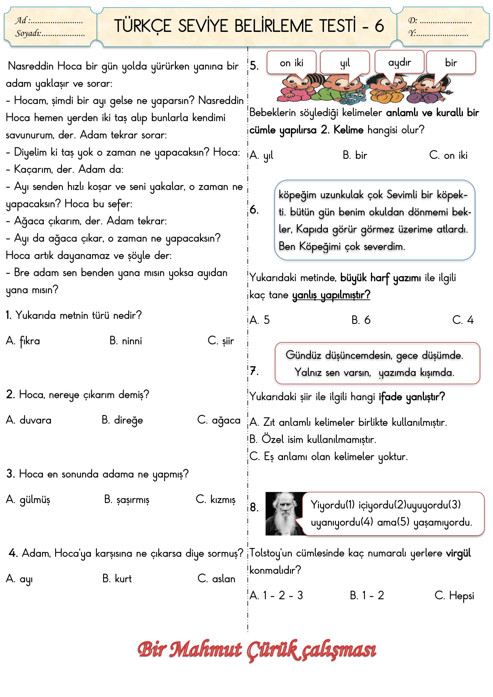 2. Sınıf Türkçe Seviye Belirleme Testi-6
