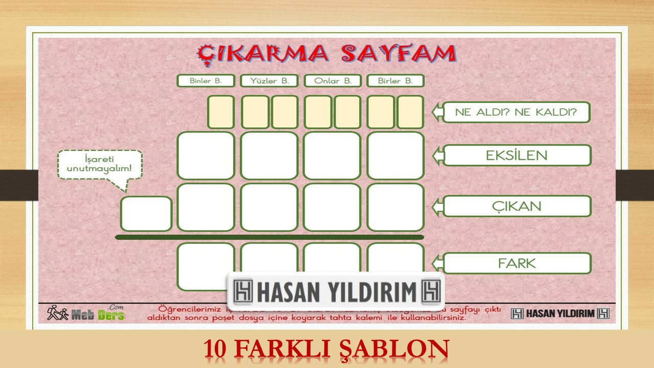 Çıkarma Sayfam (4. Sınıf-10 Farklı Şablon)