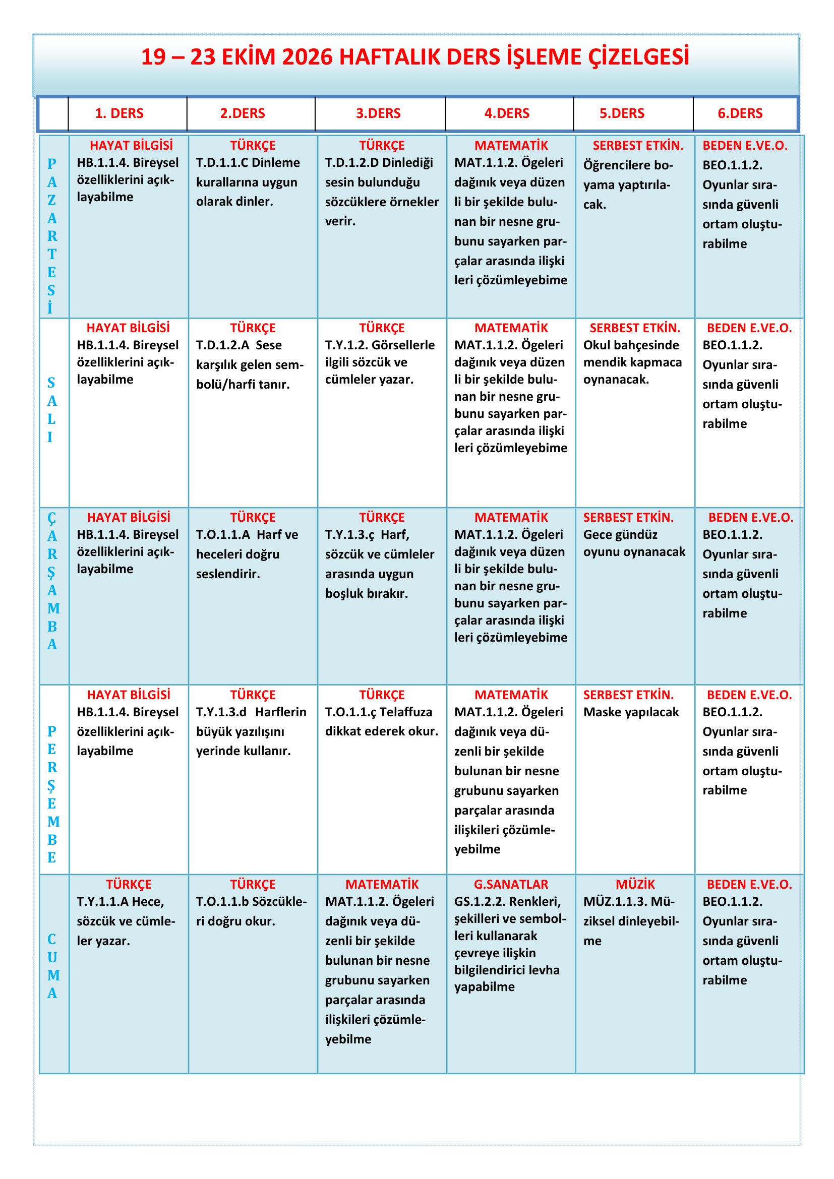 1.Sınıf 19 - 23 Ekim 2026 Haftalık Ders İşleme Çizelgesi