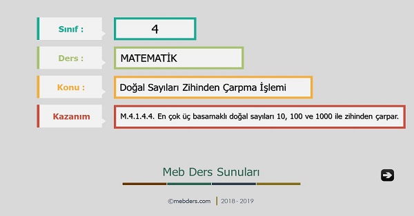 4. Sınıf Matematik Doğal Sayıları Zihinden Çarpma İşlemi Sunusu