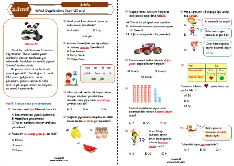 2. Sınıf Haftalık Değerlendirme Testi-3.Hafta(20-24 Eylül)