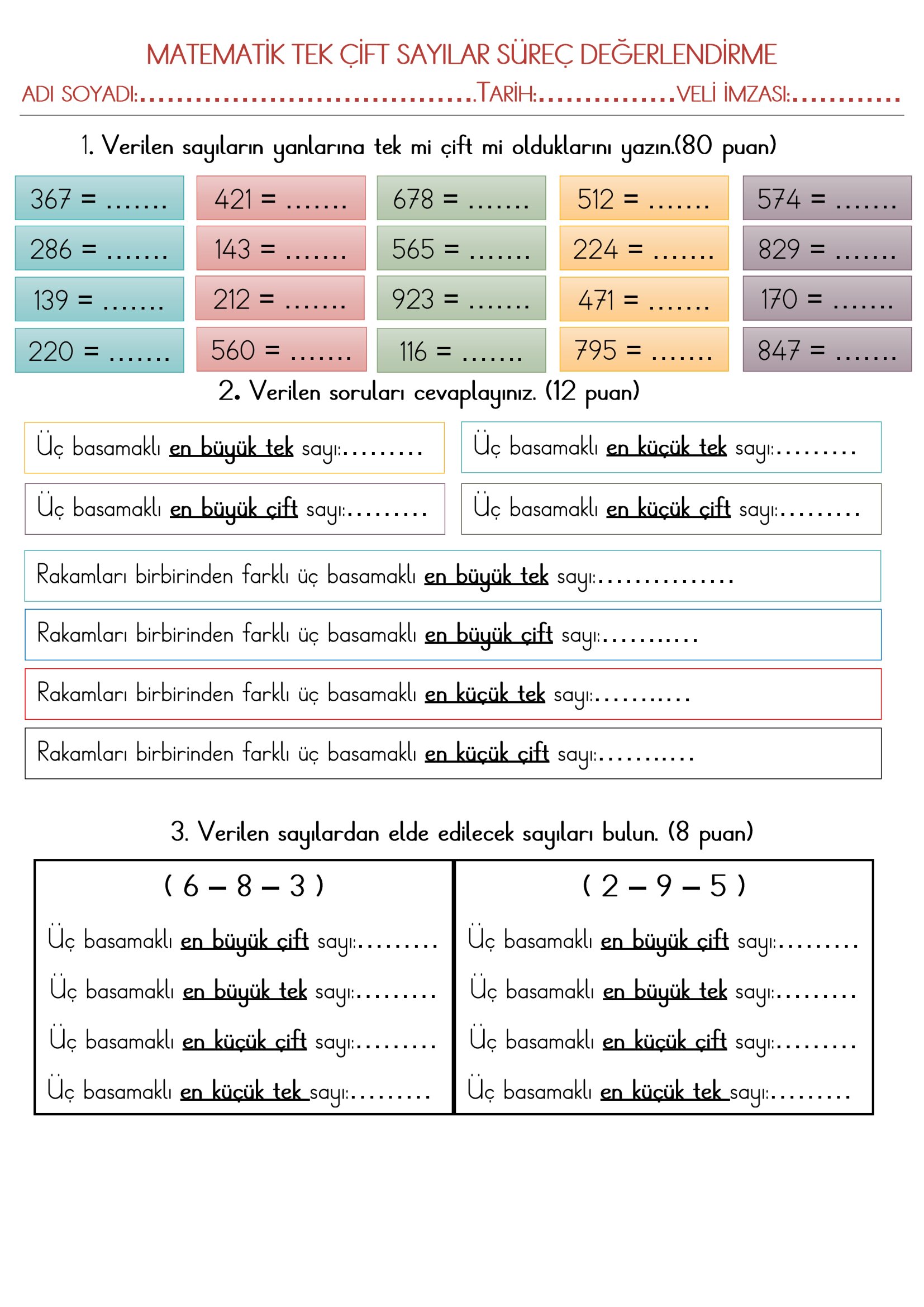 3.Sınıf Matematik Tek Çift Sayılar Süreç Değerlendirme