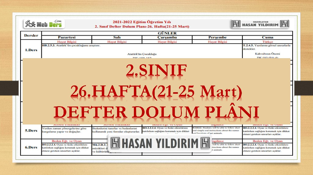 2. Sınıf 26.Hafta(21-25 Mart) Defter Dolum Planı