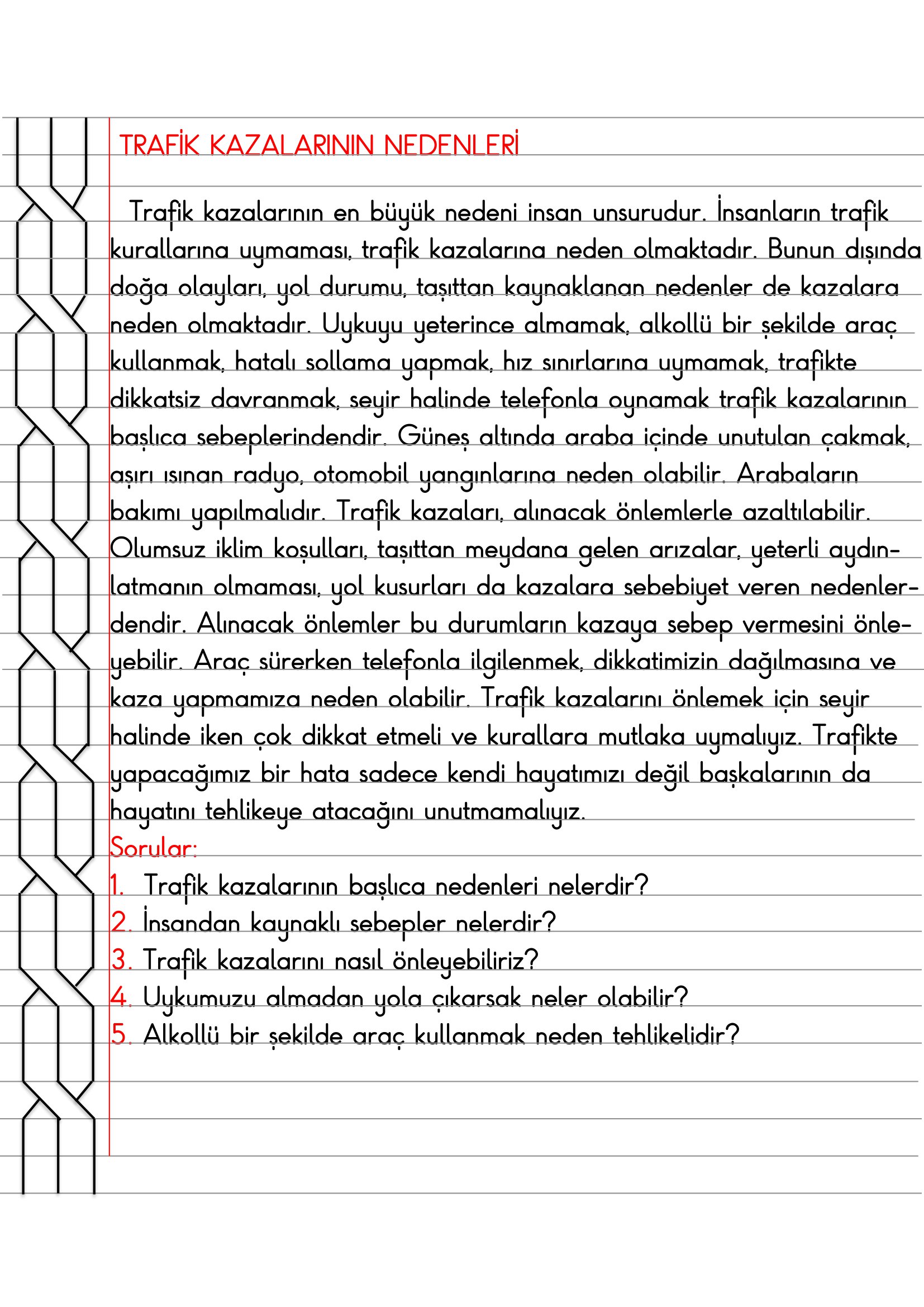 4. Sınıf Trafik Güvenliği Trafik Kazalarının Nedenleri Defter Özeti