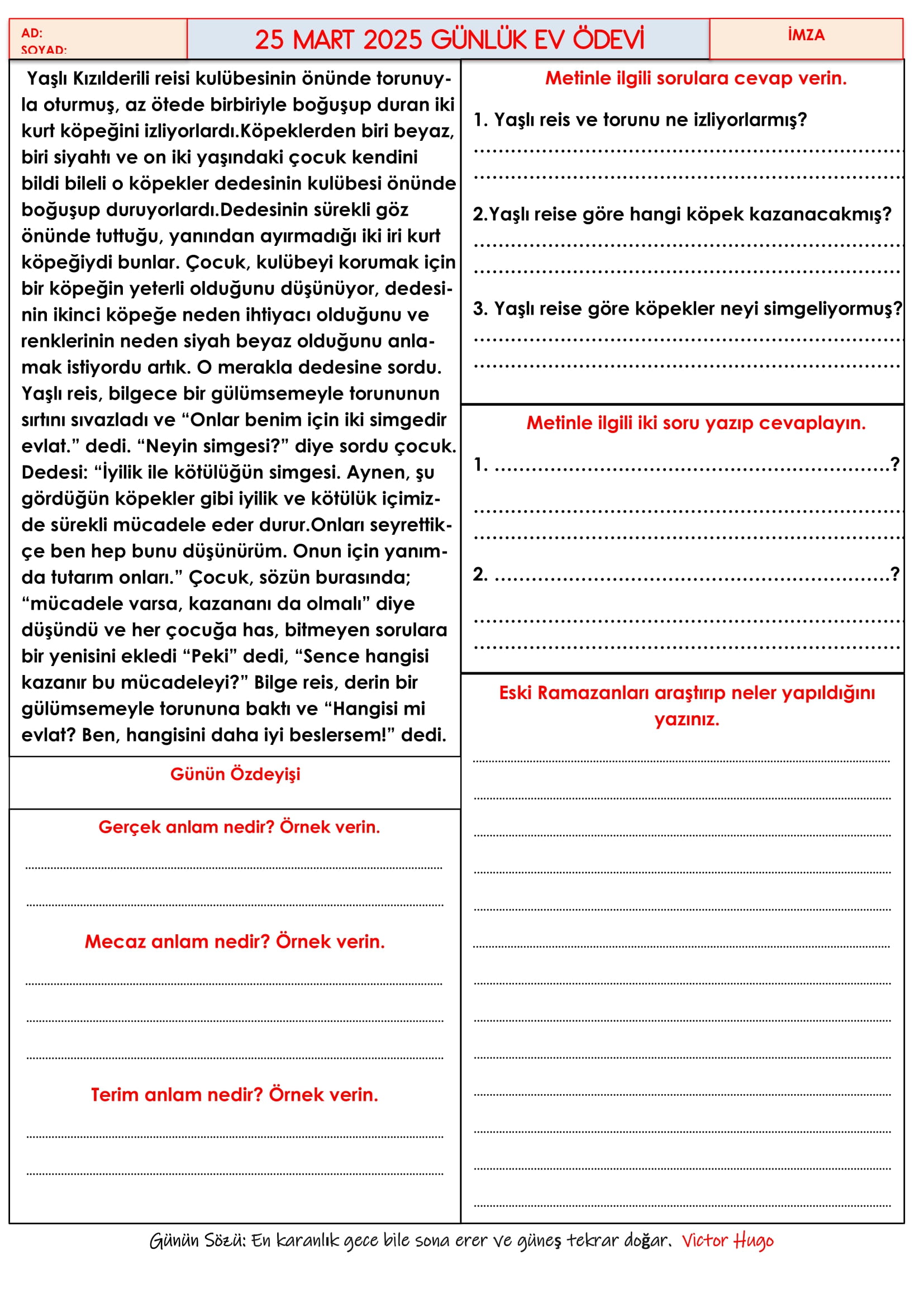 4. Sınıf 25 Mart 2025 Günlük Ev Ödevi