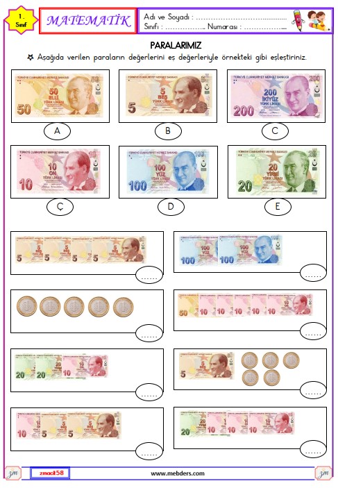 1. Sınıf Matematik Paralarımız Etkinliği 3