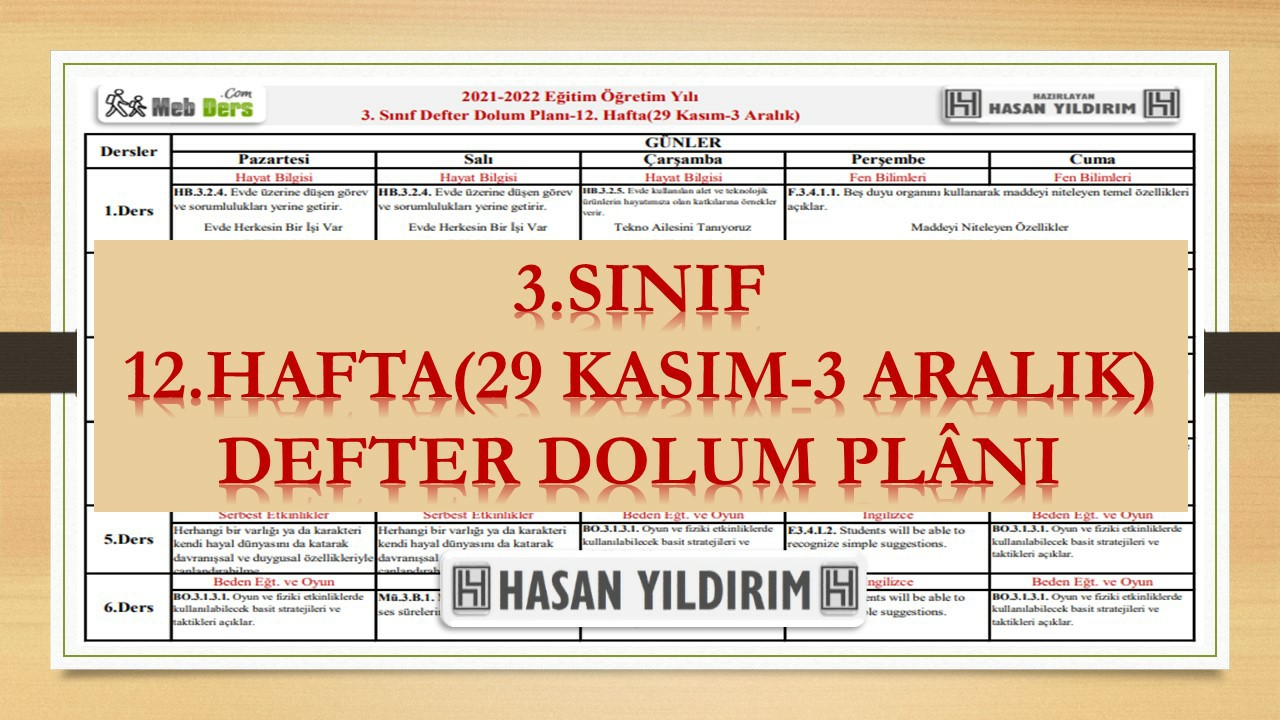 3. Sınıf 12.Hafta(29 Kasım-3 Aralık) Defter Dolum Planı