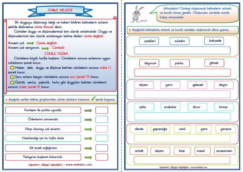 1. Sınıf Türkçe Cümle (Tümce) Bilgisi Konu Anlatımı ve Etkinlik Çalışması (4 sayfa)