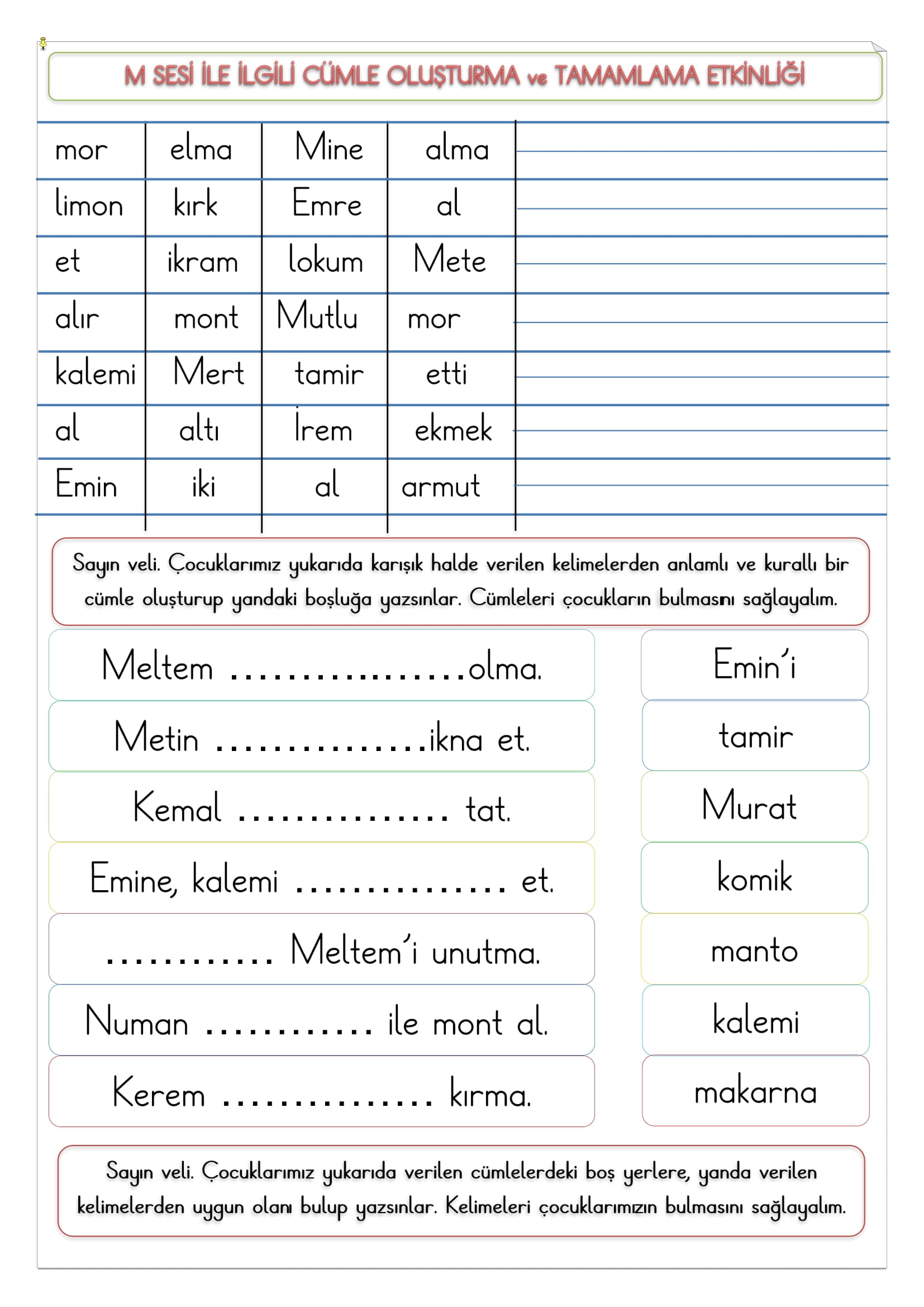 1. Sınıf İlk Okuma Yazma M Sesi Cümle Oluşturma ve Tamamlama Etkinliği