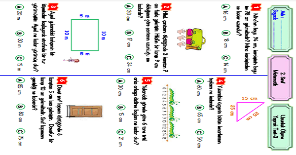 2. Sınıf Matematik Uzunluk Ölçme-Yaprak Test-3