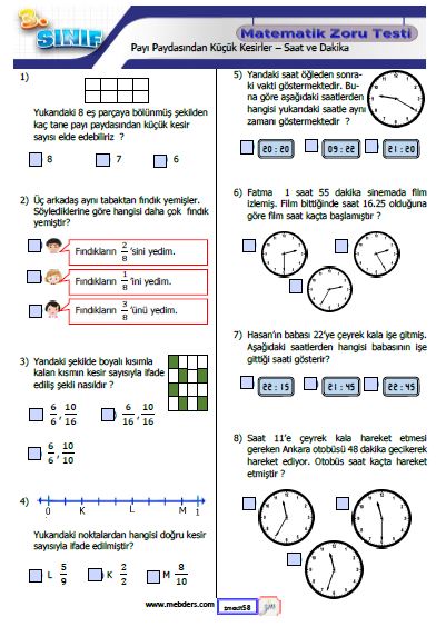3. Sınıf Matematik  Payı Paydasından Küçük Kesirler - Saat ve Dakika Testi