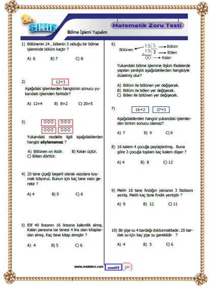 2. Sınıf Matematik Bölme İşlemi Yapalım Testi
