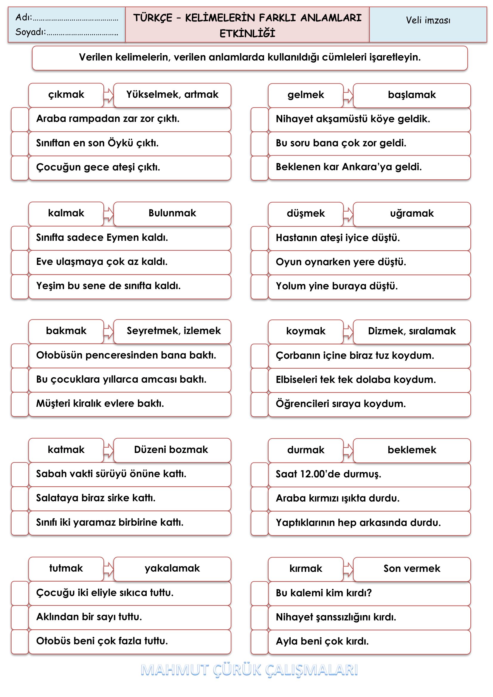 2. Sınıf - Türkçe - Kelimelerin Farklı Anlamları Etkinliği-2