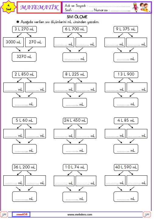 4. Sınıf Matemati Sıvıları Ölçme Etkinliği 2