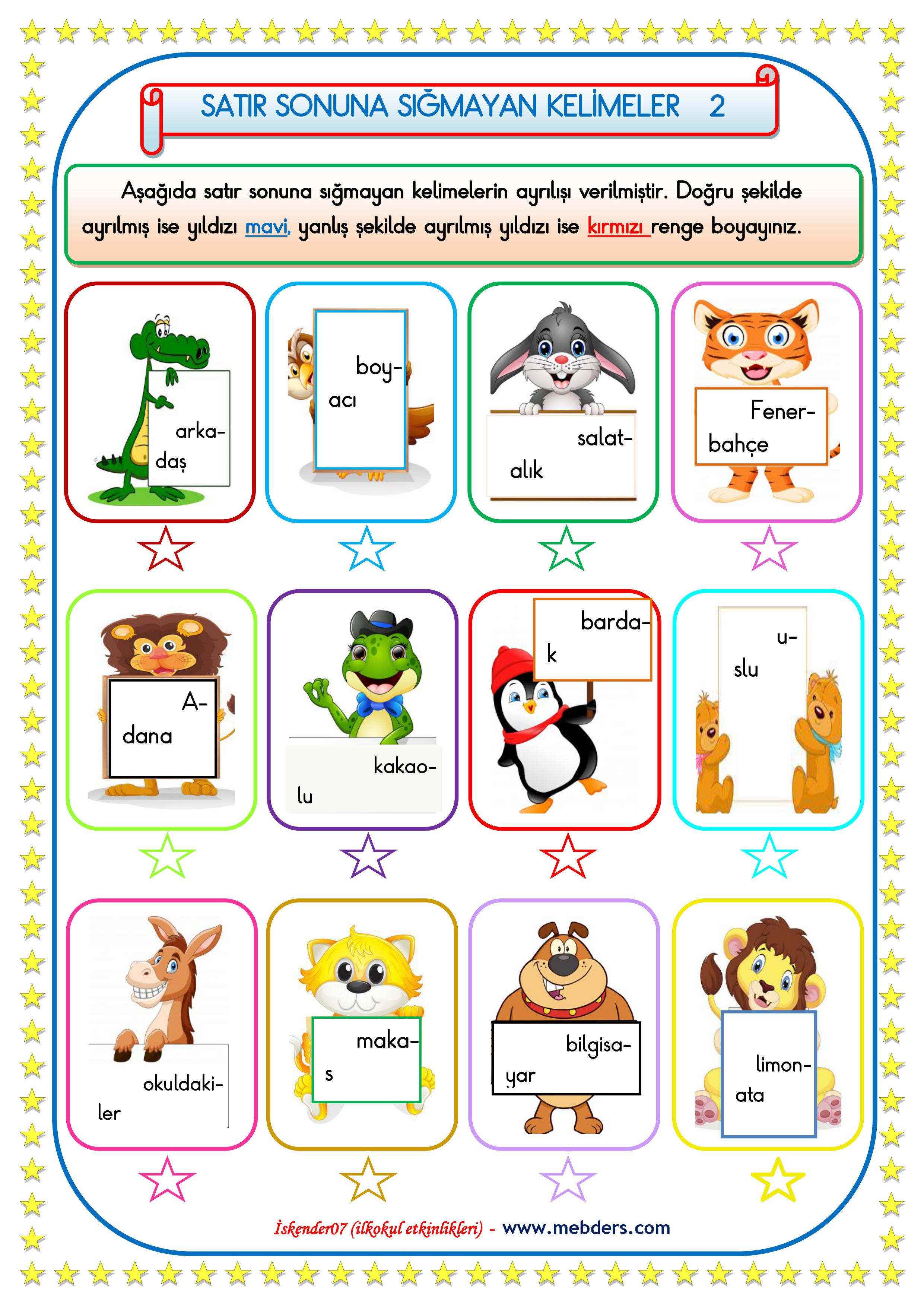 1. Sınıf Türkçe Satır Sonuna Sığmayan Kelimeler 2