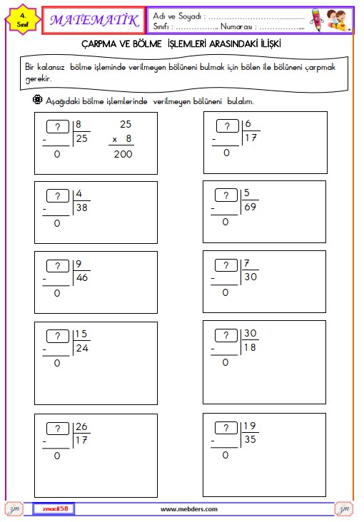 4. Sınıf Matematik Çarpma ve Bölme İşlemleri Arasındaki İlişki Etkinliği 1