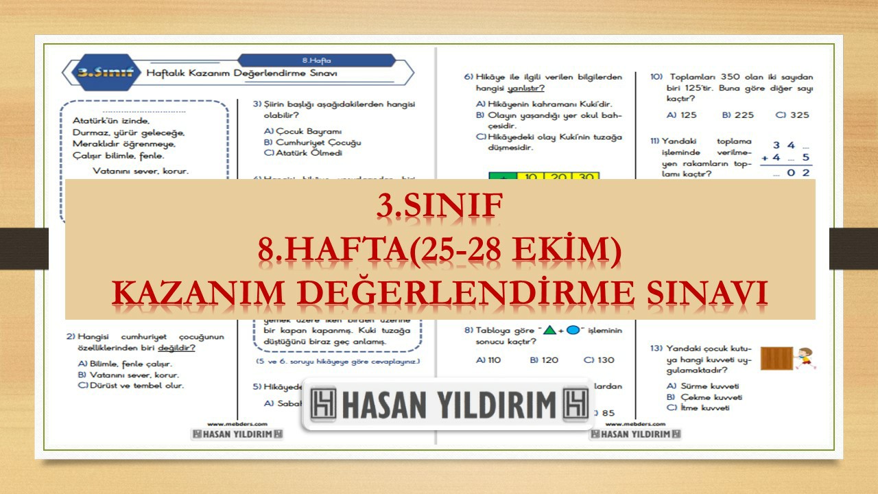 3. Sınıf Haftalık Değerlendirme Testi-8.Hafta(25-28 Ekim)