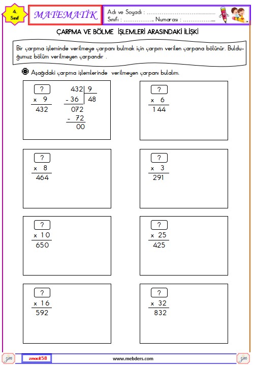 4. Sınıf Matematik Çarpma ve Bölme İşlemleri Arasındaki İlişki Etkinliği 2