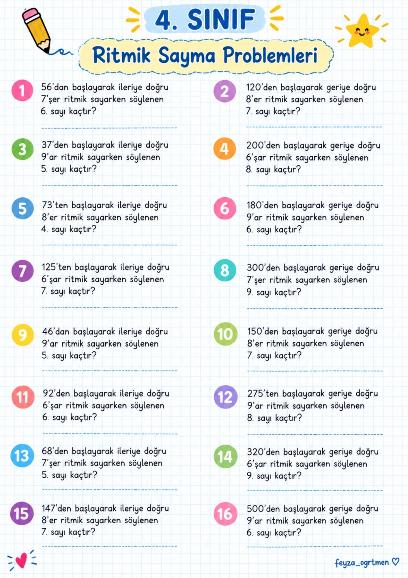 4. Sınıf Matematik Ritmik Sayma Problemleri