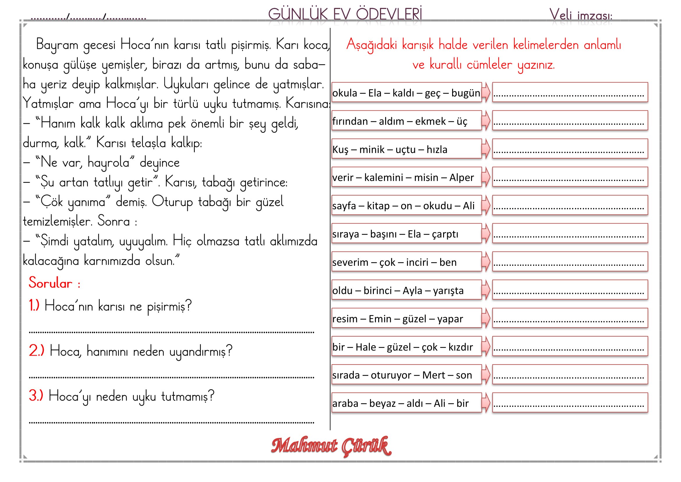 1. Sınıf - 12 Mayıs 2026 Günlük Ev Ödevleri