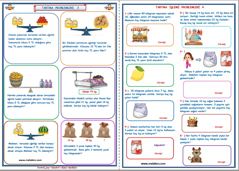 2. Sınıf Matematik Tartma İşlemi Problemleri (4 Sayfa)