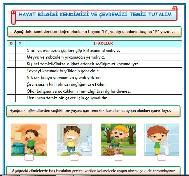 2. Sınıf Hayat Bilgisi Kendimizi ve Çevremizi Temiz Tutalım Etkinlik Çalışması