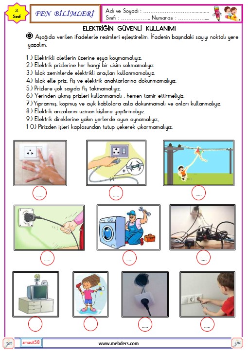 3. Sınıf Fen Bilimleri Elektriğin Güvenli Kullanımı Etkinliği 3