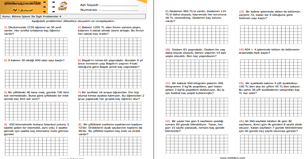 4. Sınıf Matematik Bölme İşlemi İle İlgili Problemler 4