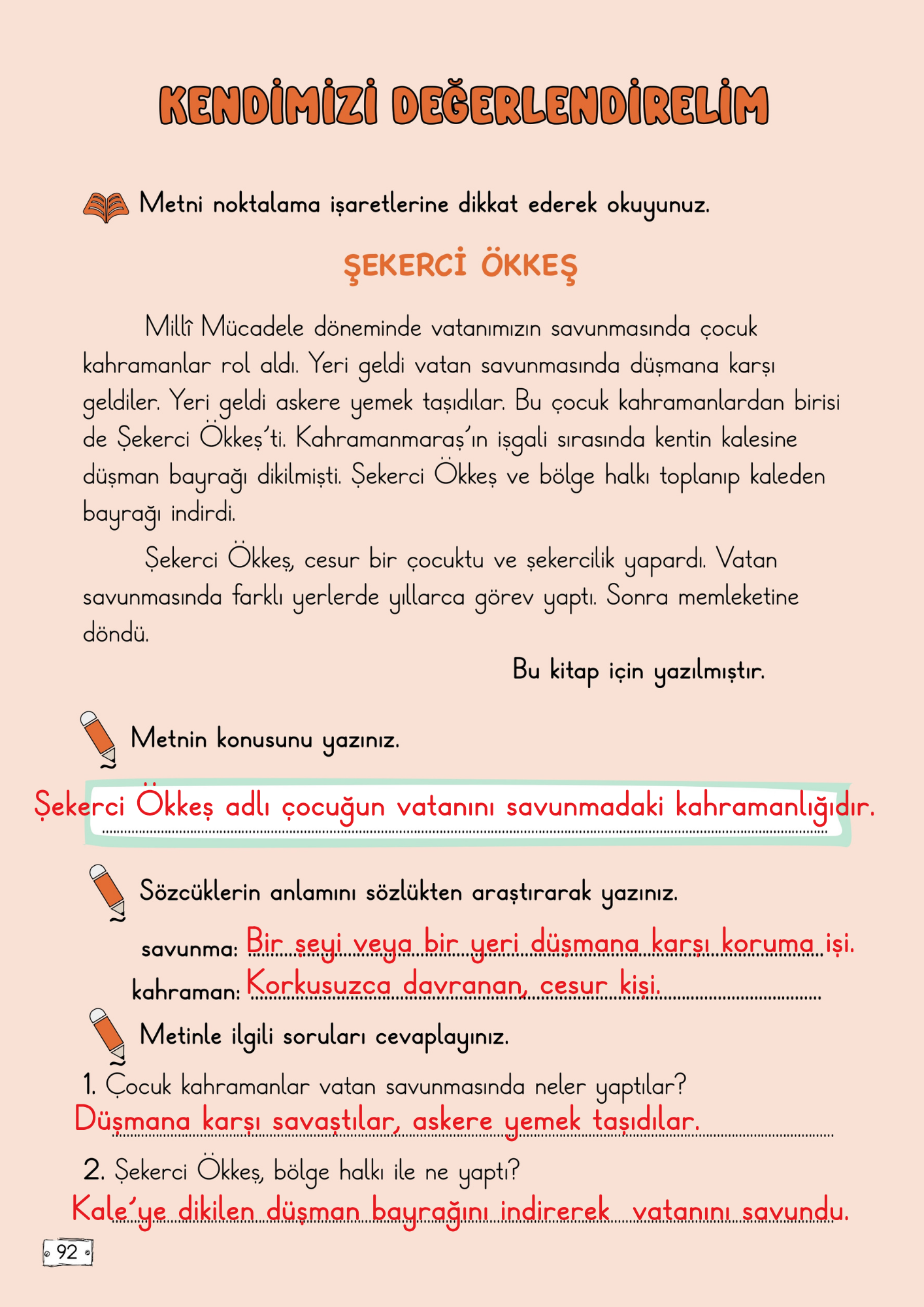 2. Sınıf Türkçe Meb Yayınları 2. Tema (Atatürk ve Çocuk) Değerlendirme Soruları Cevapları