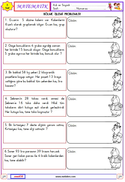 3. Sınıf Matematik Bölme İşlemi Problemler Etkinliği 5