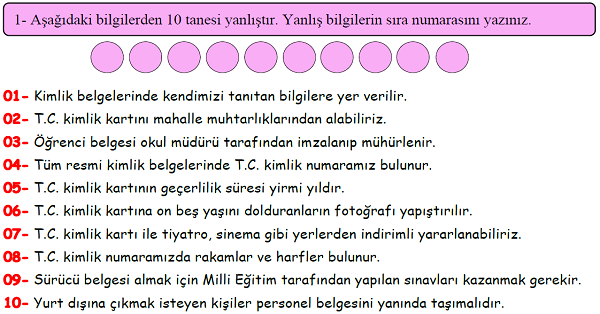 4. Sınıf Sosyal Bilgiler Herkesin Bir Kimliği Var Ünitesi Doğru Yanlış Etkinliği