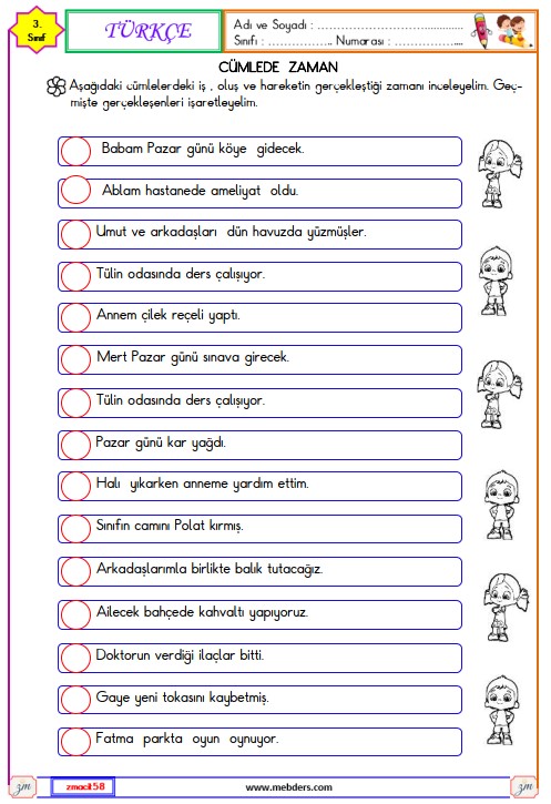 3. Sınıf Türkçe Cümlede Zaman Etkinliği 5