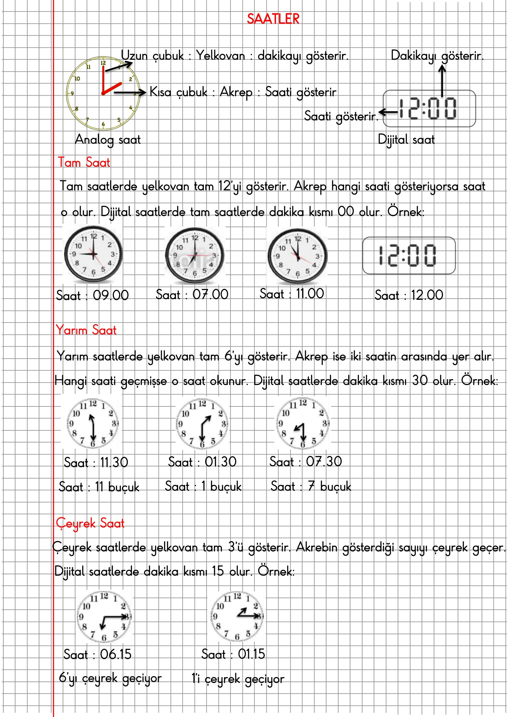 2. Sınıf Matematik Kareli Defterde Saatler Konu Anlatımı