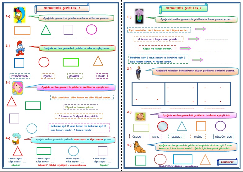 1. Sınıf Matematik Geometrik Şekiller 1-2 (2 Sayfa)