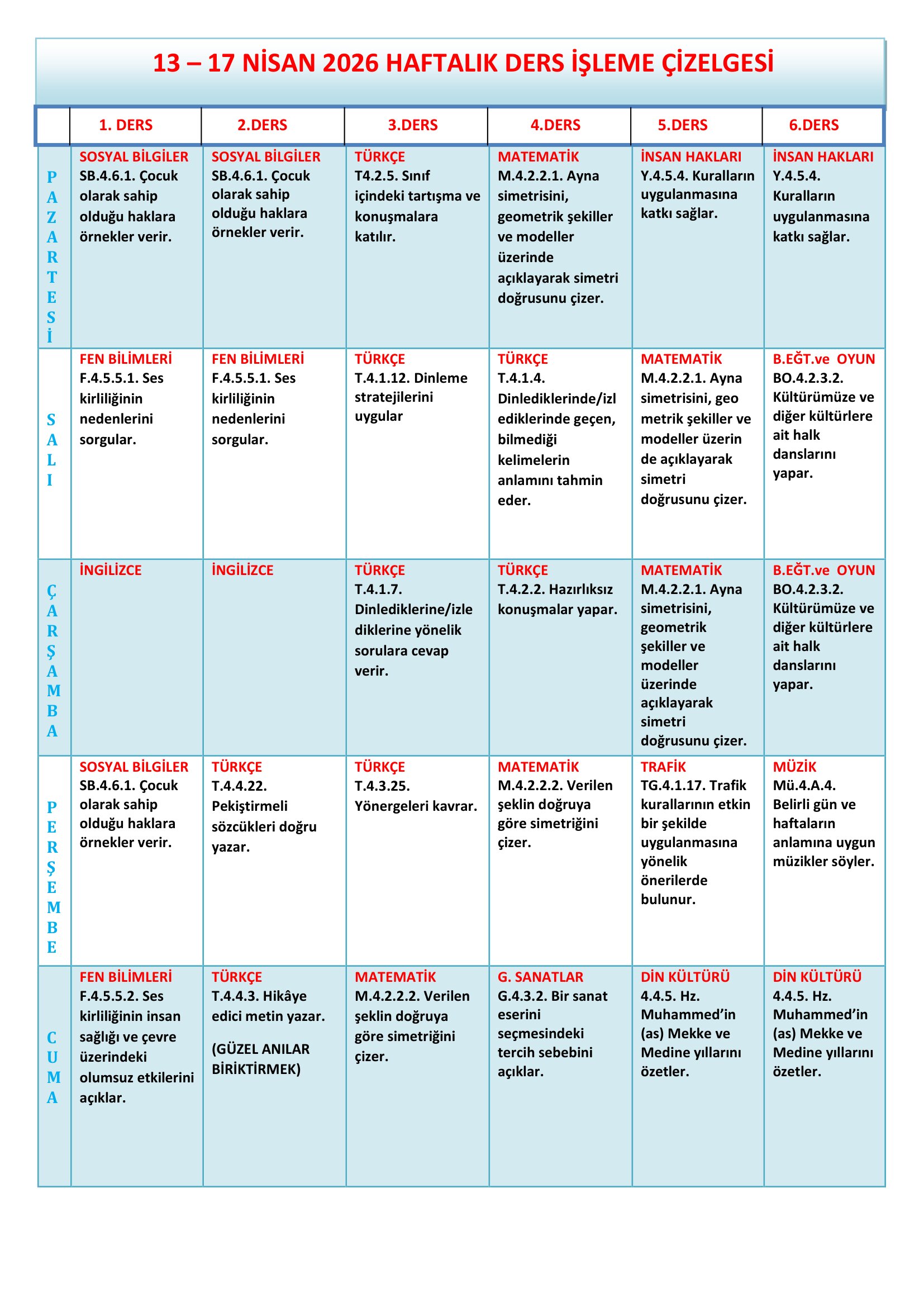 4. Sınıf 13 - 17 Nisan 2026 Haftalık Ders İşleme Çizelgesi.doc