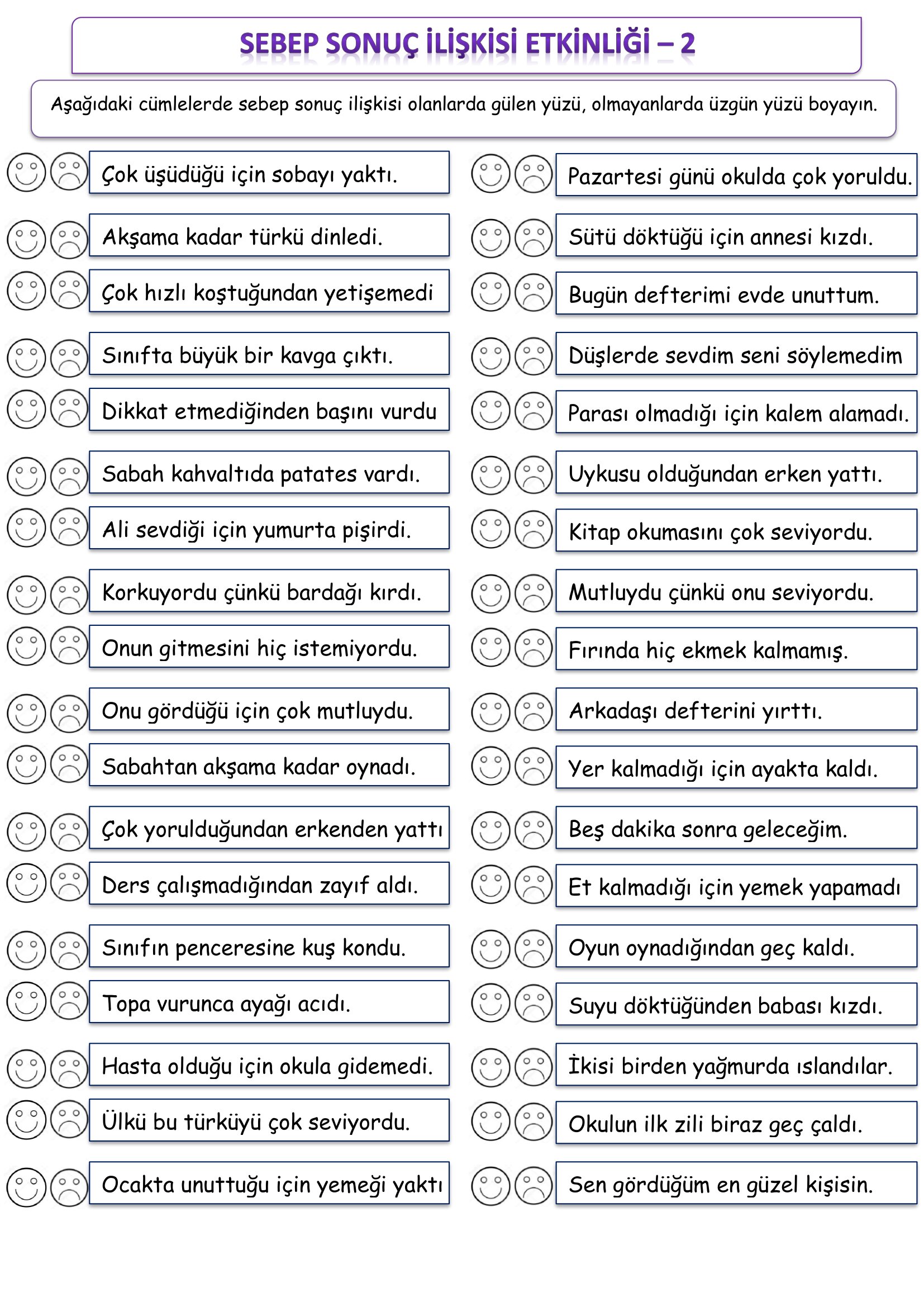 1. Sınıf Türkçe Sebep Sonuç İlişkisi Etkinliği-2