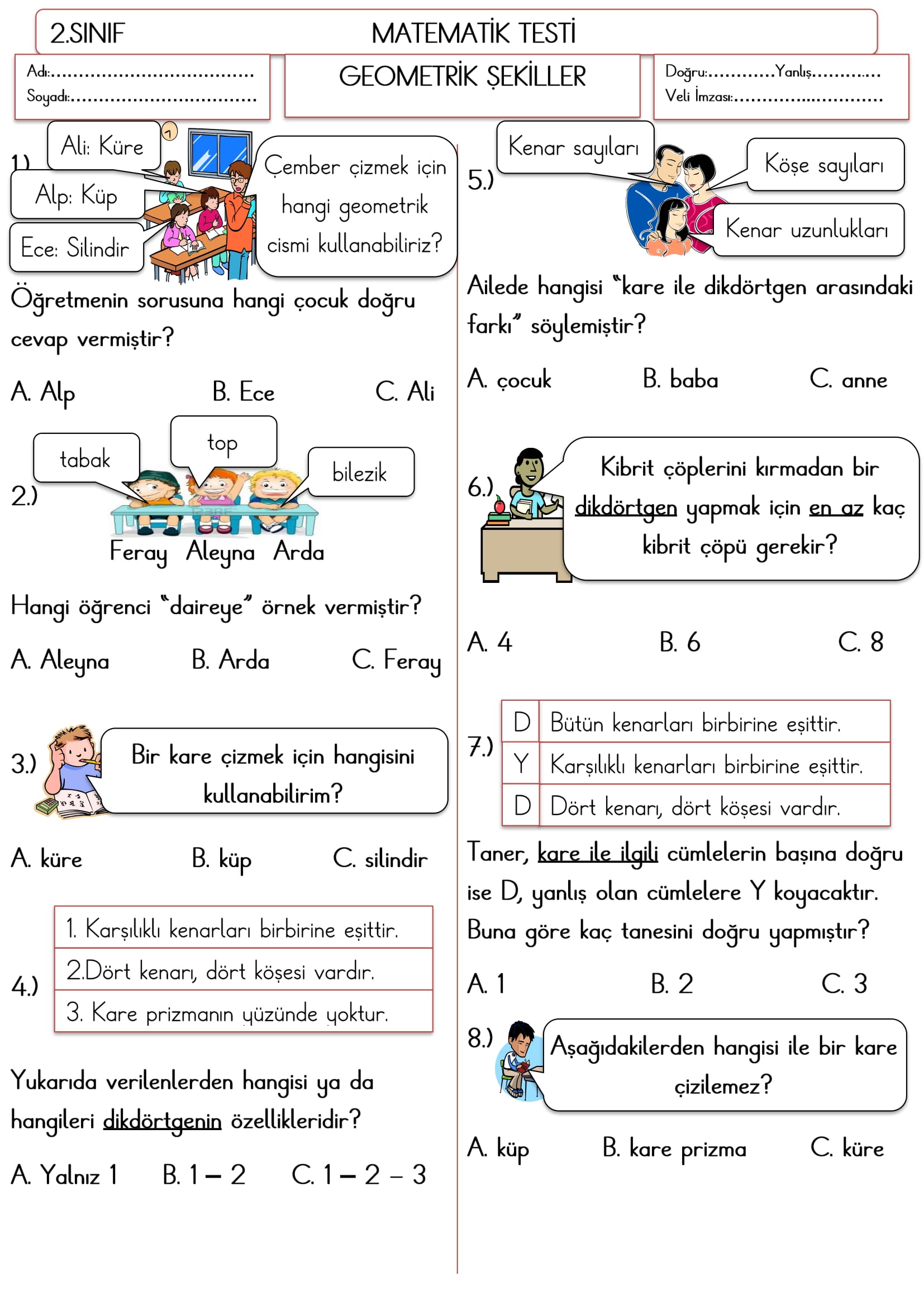 2. Sınıf Matematik Geometrik Şekiller Testi-2